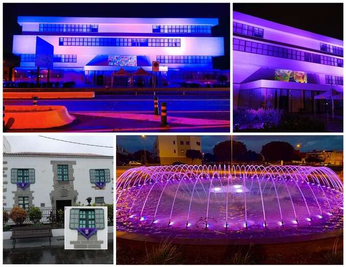 El color violeta en el edificio de El Cubillo, fachada de El Casino de Telde y fuente público de la urbanización La Vega/TA.